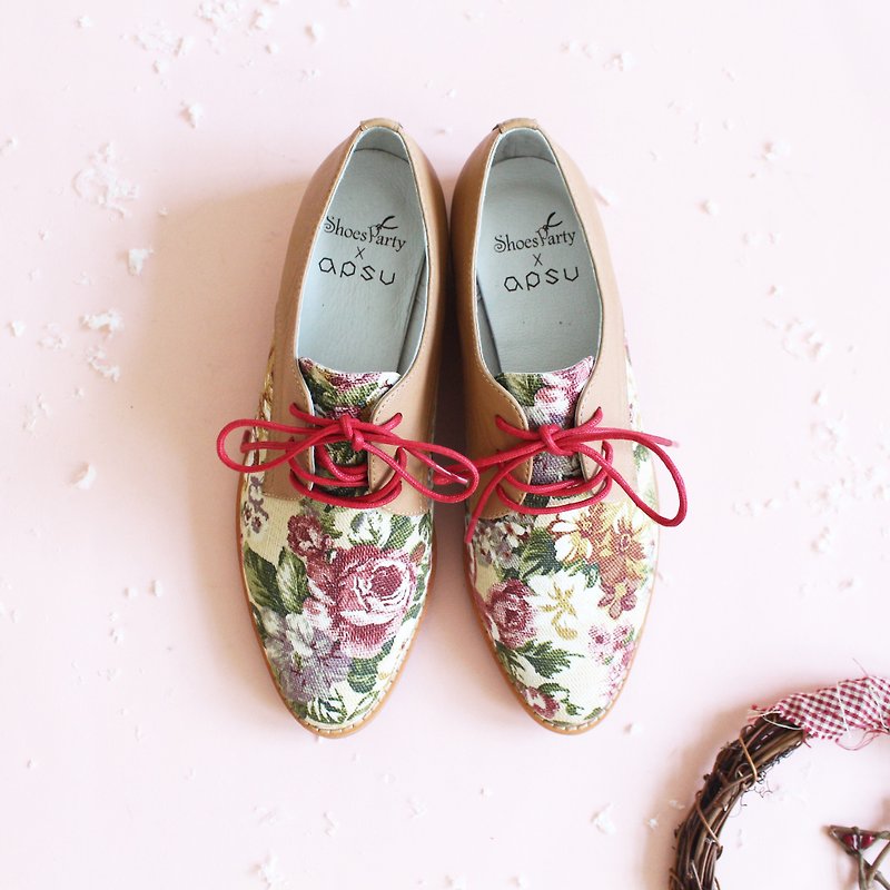 Heart flower splicing derby shoes / handmade / Japanese cloth / M2-18111F - รองเท้าลำลองผู้หญิง - ผ้าฝ้าย/ผ้าลินิน 