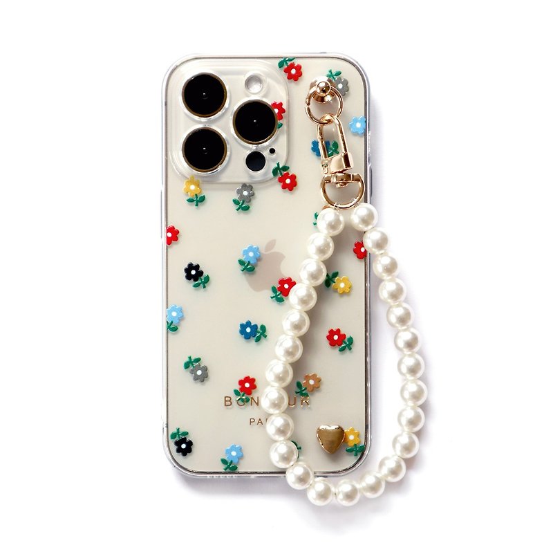 iPhone15/14/13/12 Miffy Little Flower French Love Transparent Phone Case (with single-button pearl wrist strap - Phone Cases - Plastic Multicolor