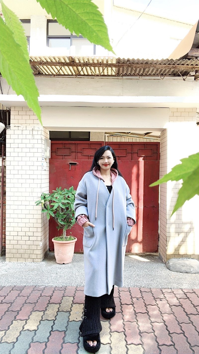 浪漫莫蘭迪灰紫色大V無翻領式 古著雙口袋廓形羊毛長大衣外套 - 女大衣/外套 - 羊毛 藍色