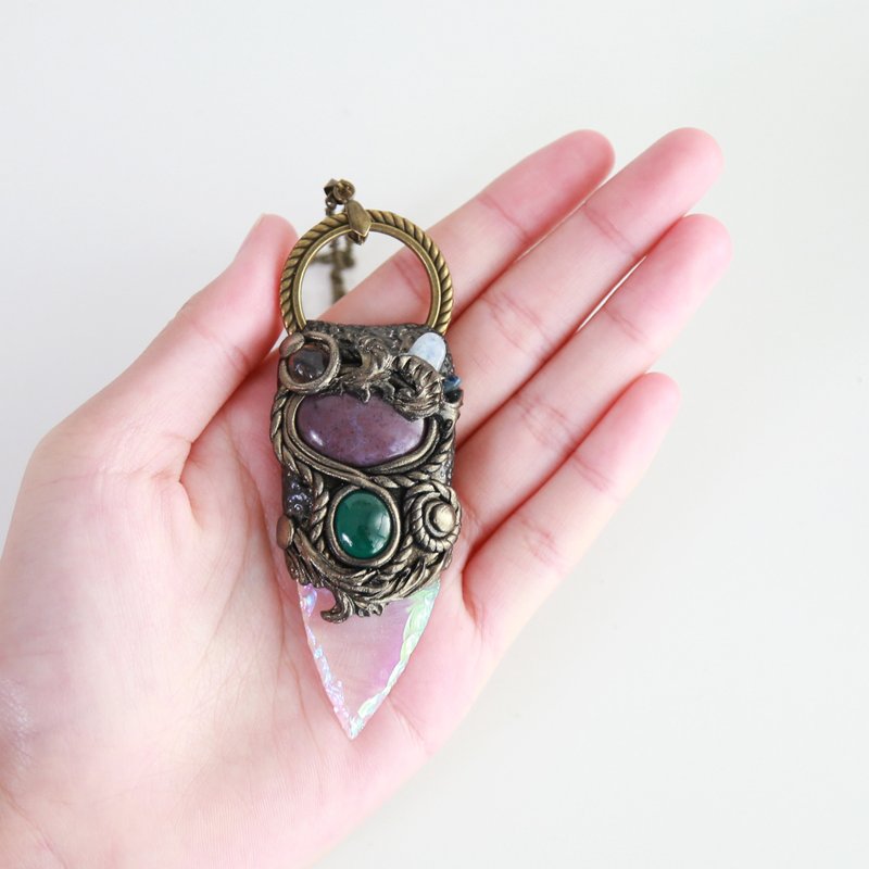 Aura Rose Quartz Arrowhead with Purple Jade - Necklaces - Crystal Pink