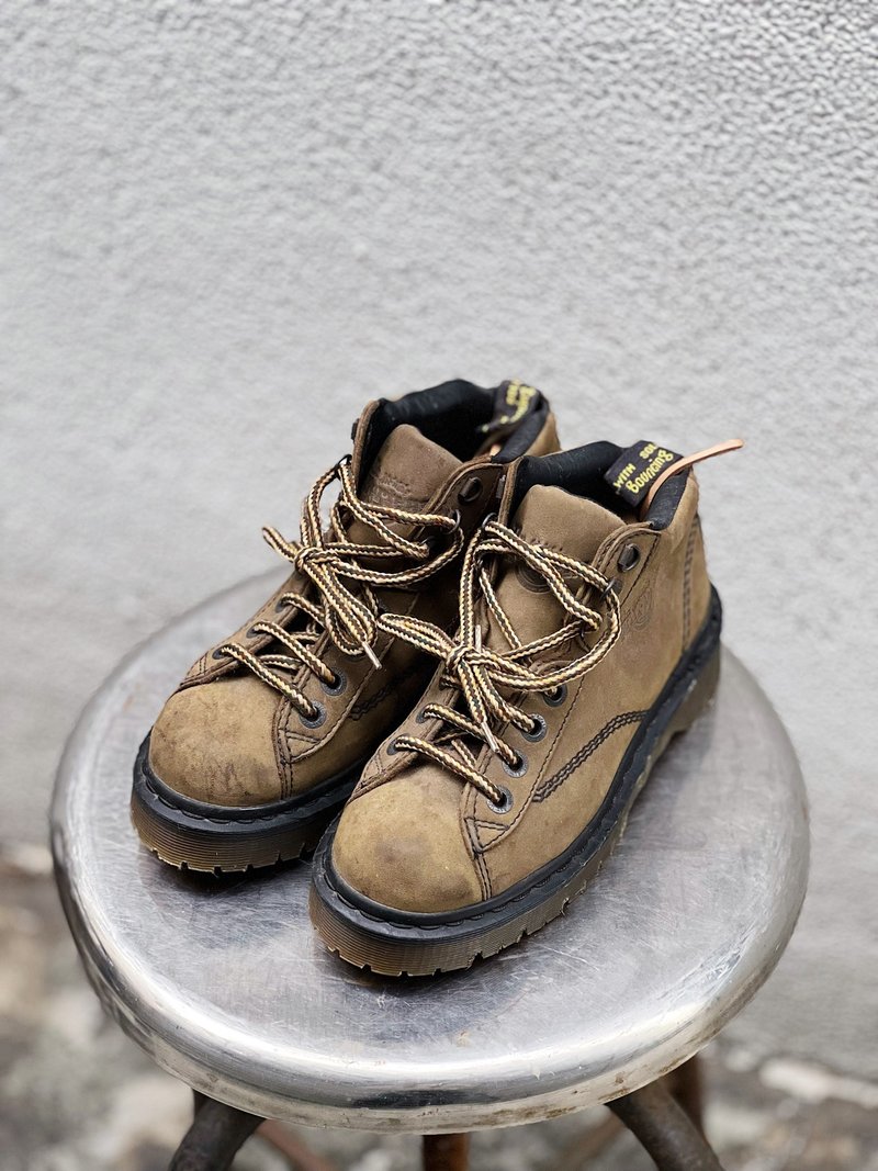 Dr. Martens Grey-Green Card Genuine Cowhide Leather Platform Boots, Mid-Calf Biker Boots - Women's Booties - Genuine Leather Khaki