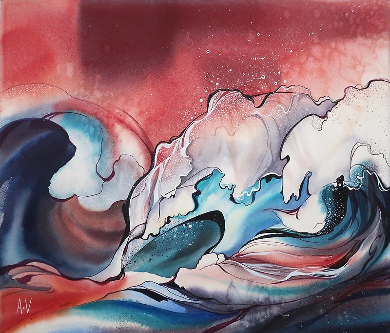 Seascape with waves. Watercolor painting on paper. Hokusai style - 壁貼/牆壁裝飾 - 紙 灰色