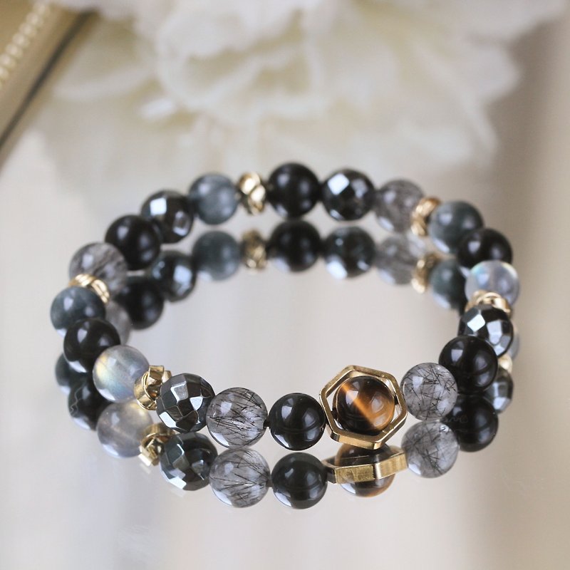 Obsidian black hair crystal labradorite Stone 8mm healthy and evil men's crystal bracelet. black eagle - Bracelets - Crystal Black
