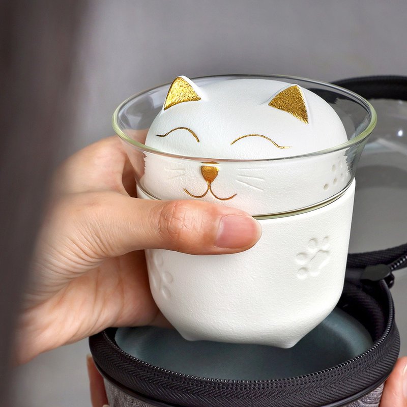 幸福貓杯蓋旅行組180ml | 附布包 | 台灣設計 | 5色可選 - 茶壺/茶杯/茶具 - 陶 多色