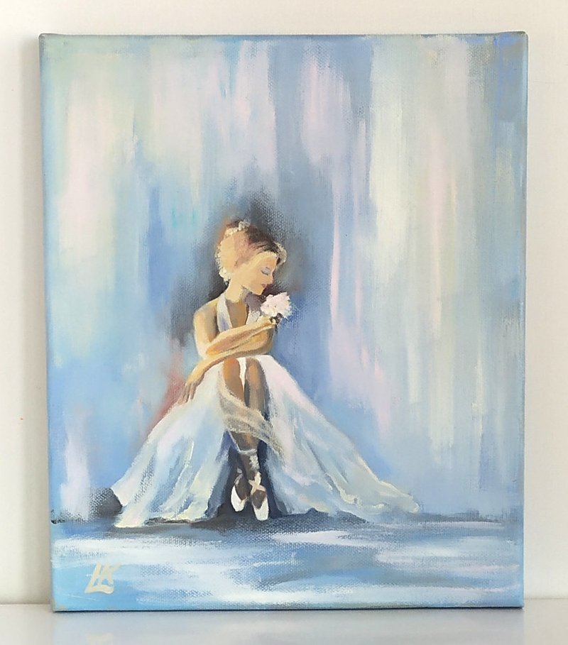 Ballerina Oil Painting on Canvas Figurativa Art Woman Art Ballet Art Dance Art - 壁貼/牆壁裝飾 - 棉．麻 藍色
