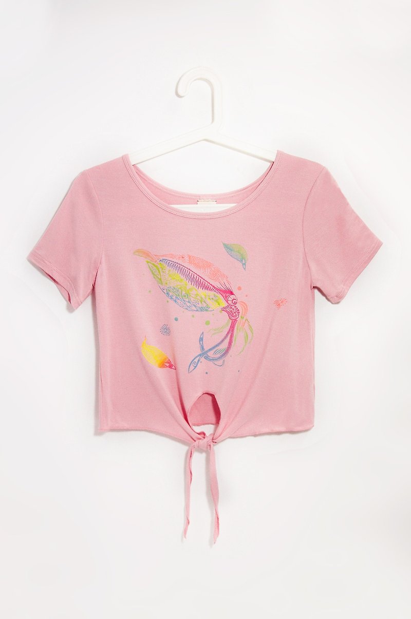 女裝莫代爾涼感綁帶T-shirt / 設計上衣 / 設計Tee / 綁帶上衣 - 海底生物 發光透抽 ( 粉紅色 ) - 女裝 上衣 - 棉．麻 粉紅色