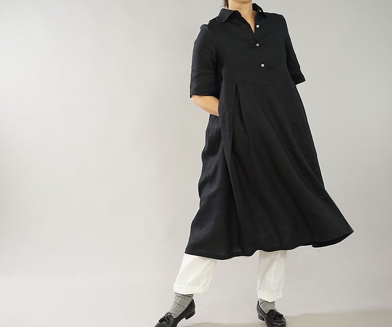 wafu - 純亞麻洋裝 Midweight Linen Half Sleeve Shirt Dress / Black a064b-bck2 - One Piece Dresses - Linen Black