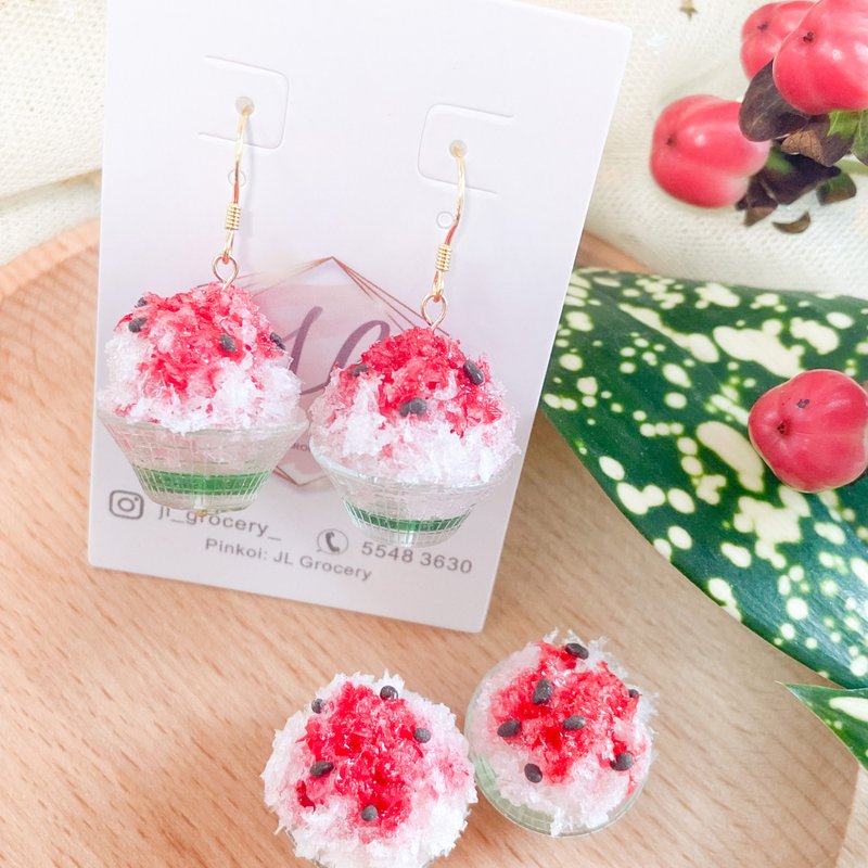 【Tabletop】Dessert | Watermelon shaved ice earrings | Clay ornaments | Miniature ornaments - Earrings & Clip-ons - Clay 