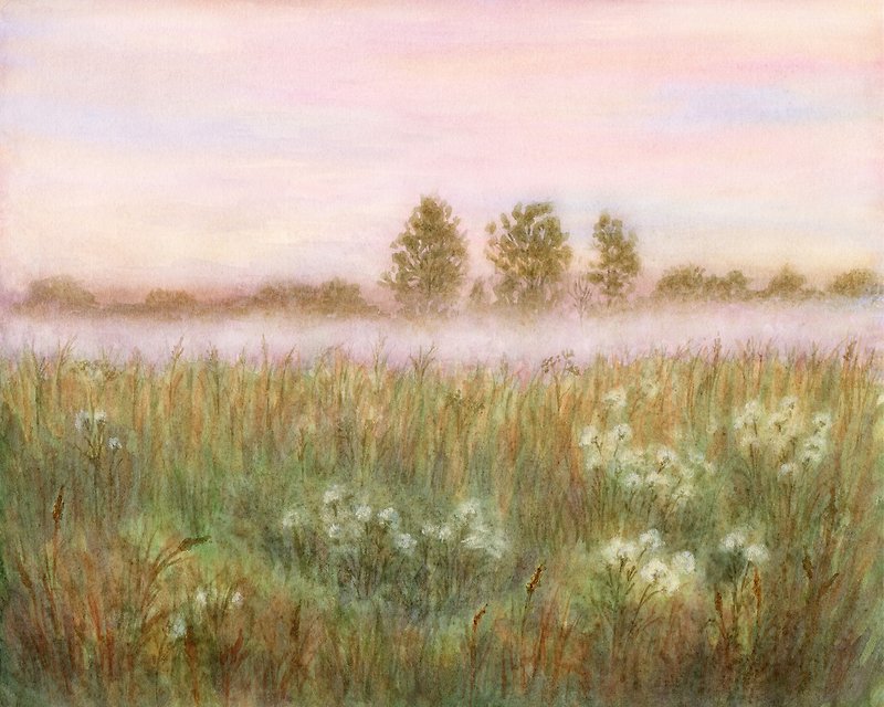 Sunrise Fields Milk Thistle Original Watercolor Painting Landscape Wall Art - Posters - Paper 