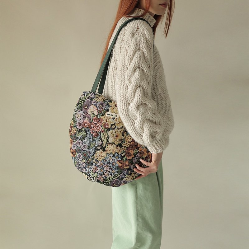 TOTE-BAG 橢圓單肩織花圖案布袋 - 側背包/斜背包 - 棉．麻 