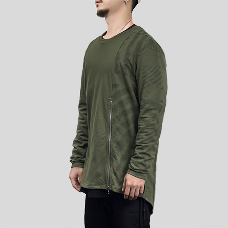 [ionism] zipper print long T olive green - เสื้อยืดผู้ชาย - ผ้าฝ้าย/ผ้าลินิน สีเขียว