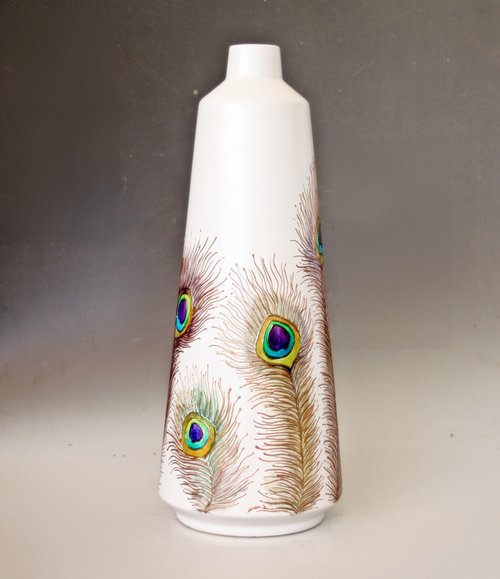 NeA Glass Ceramic Vase Peacock Feathers Hand Painted