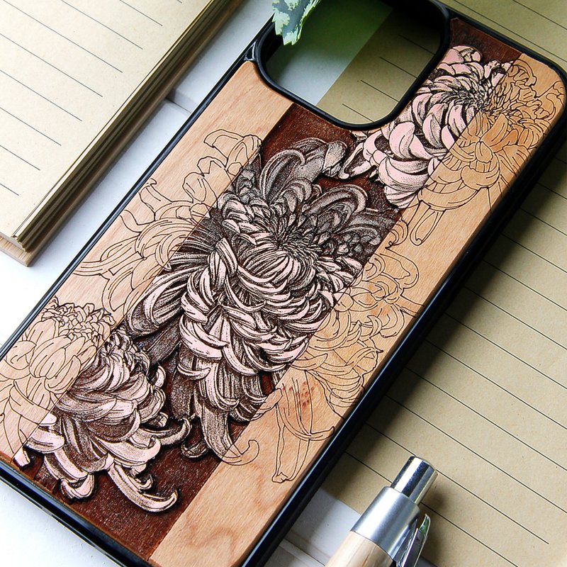 Chrysanthemum -  Phone case wood laser engraved + hand painting - Phone Cases - Wood Brown