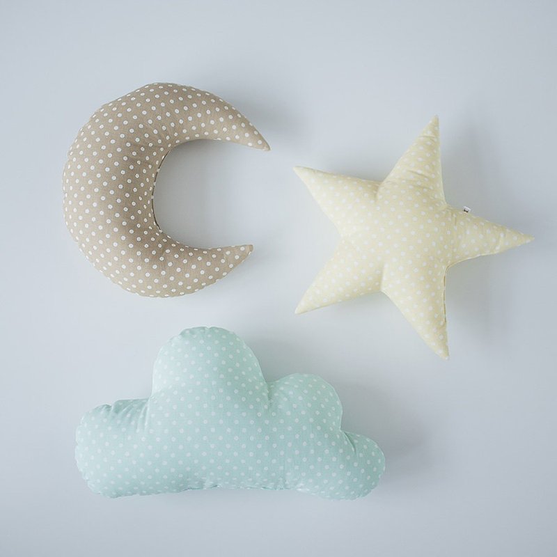 Set of 3! Pastel set cloud star moon shaped pillow - mint yellow cream nursery room decor - ของขวัญวันครบรอบ - ผ้าฝ้าย/ผ้าลินิน หลากหลายสี