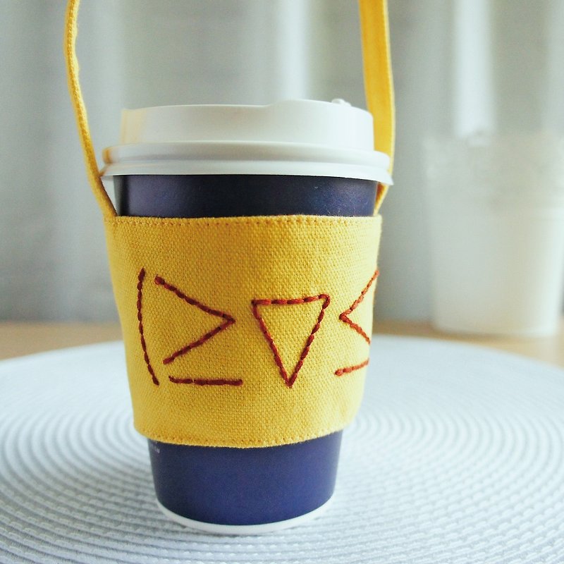 Lovely happy expression drink cup bag, bag, green cup set, drink cup set [Sunshine Yellow] - Beverage Holders & Bags - Cotton & Hemp Yellow