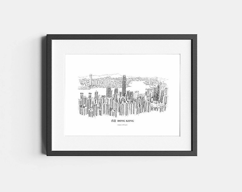 A3 手繪香港城市風景畫框 (維多利亞山頂) - 畫框/相架  - 紙 