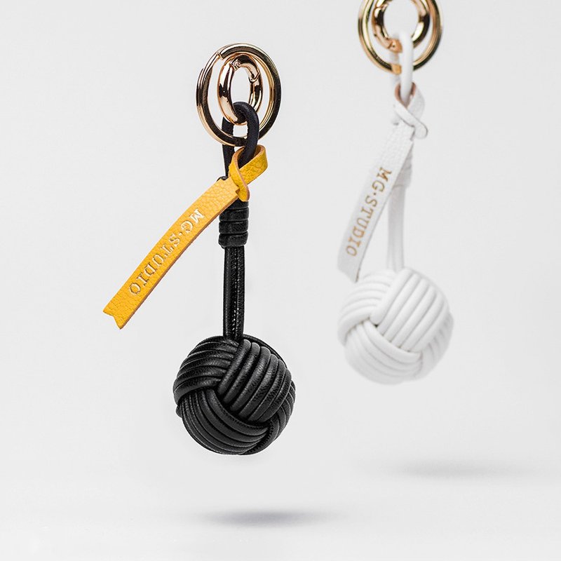 Leather woven ball keychain [free lettering] bag ornaments personality pendant car key ring pendant - Keychains - Genuine Leather 