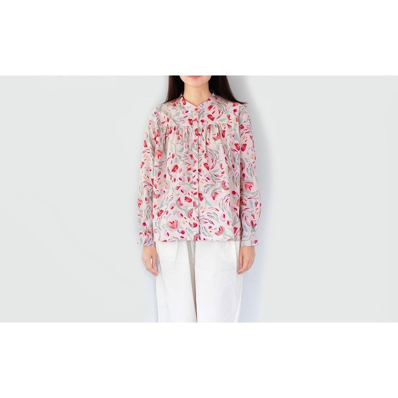 Pink long-sleeved round neck shirt - 女襯衫 - 棉．麻 粉紅色