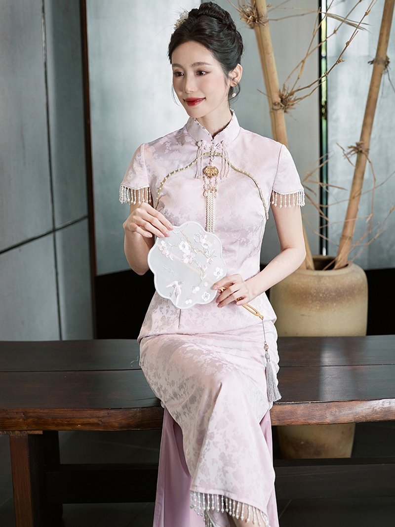 錦韻 淡粉色流珠結婚禮服旗袍 復古改良新中式國風洋裝禮服 - 旗袍/改良式旗袍 - 聚酯纖維 粉紅色