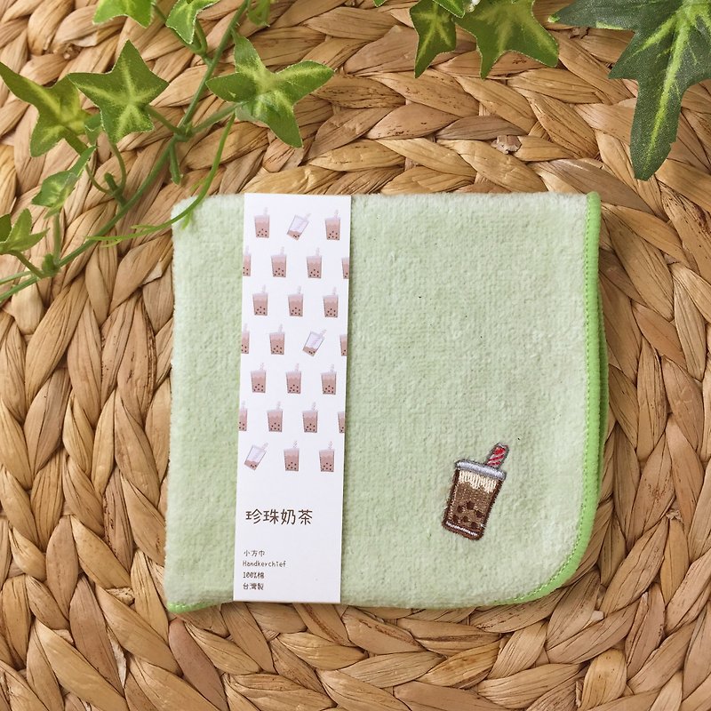 Naji little things. Taiwan embroidered handkerchief small square-pearl milk tea - Handkerchiefs & Pocket Squares - Cotton & Hemp Green