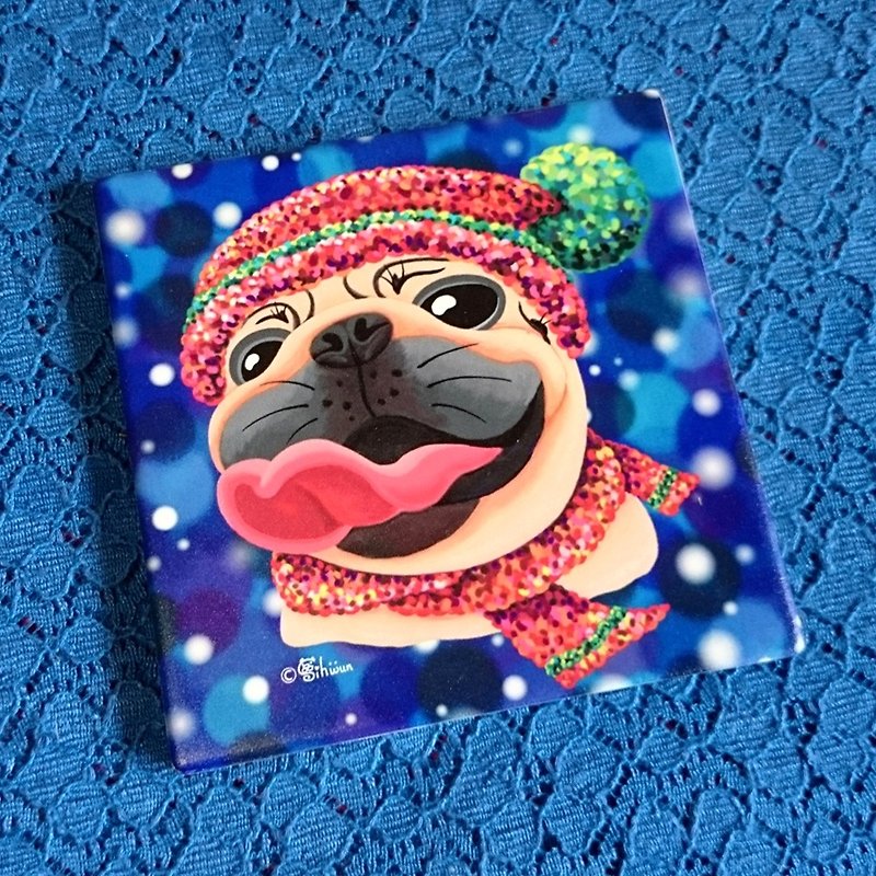 Pug ceramic absorbent coaster-Winter's Love - ที่รองแก้ว - ดินเผา ขาว