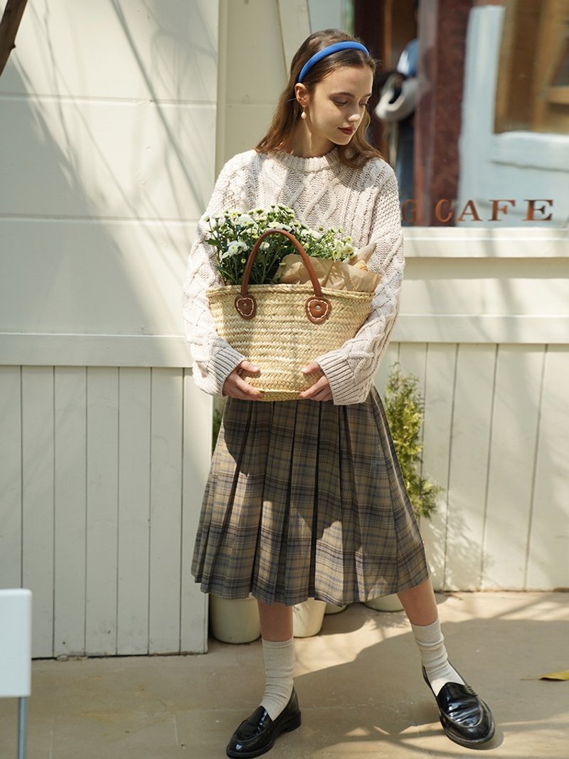 Mintcheese Vintage English Plaid pleated skirt - กระโปรง - เส้นใยสังเคราะห์ สีกากี