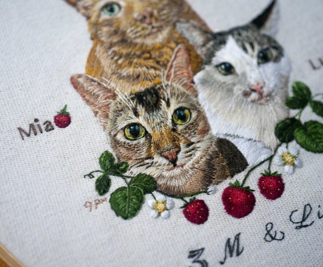 ハンドメイド 三毛猫 ブルー クロスステッチ完成品 ネコ 刺繍 フレーム