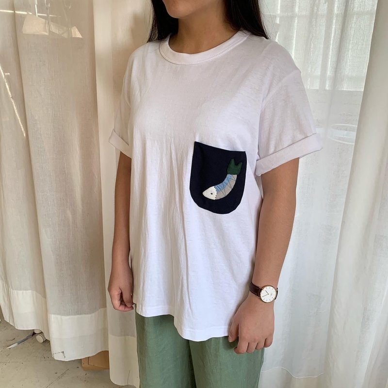 秋刀魚短袖上衣 - 女 T 恤 - 棉．麻 藍色