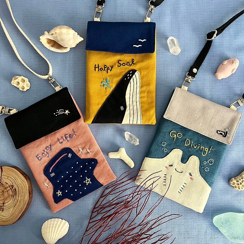 Cute sea creatures escape embroidered mobile phone bag - Messenger Bags & Sling Bags - Cotton & Hemp Multicolor