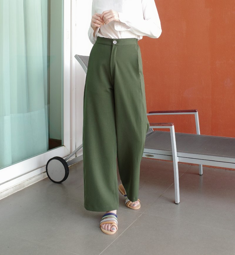 Green Wrinkle free poly spandex Wide leg elastic back highwaisted trousers - 男長褲/休閒褲 - 聚酯纖維 綠色