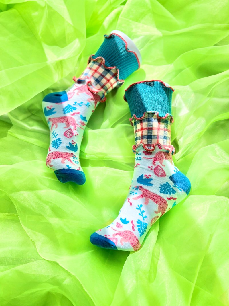 豹 ピンク×ブルー カラフルメロウソックス 派手靴下 個性的 22.5〜25 女性靴下 socks - 襪子 - 其他材質 藍色