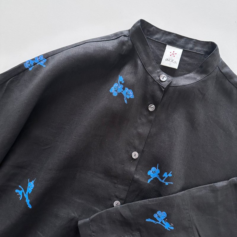 スタンドカラーシャツドレス　青梅柄 - 洋裝/連身裙 - 棉．麻 黑色