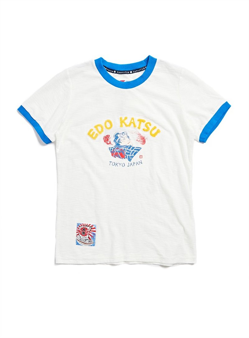 Edo Katsuri Big Fishing Series Ribbed Color Matching Fisherman Short Sleeve T-Shirt - Ladies (Beige) #衣衣 - เสื้อยืดผู้หญิง - ผ้าฝ้าย/ผ้าลินิน ขาว