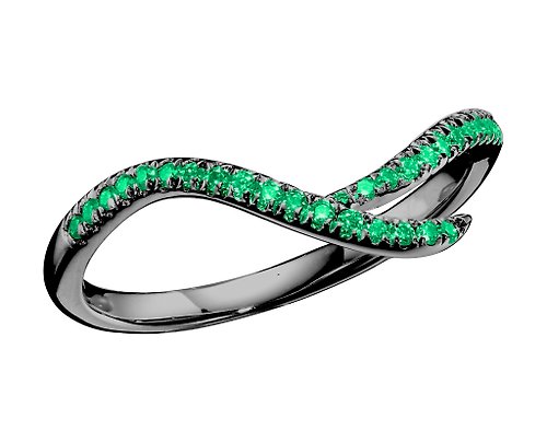 Majade Jewelry Design 密釘鑲祖母綠14k金結婚戒指 非傳統植物戒指 另類樹枝形酷黑戒指