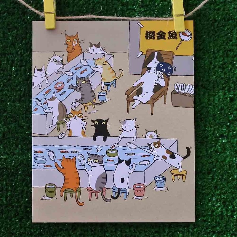 3猫屋の猫イラスト入りポストカード（画家：ミスキャット）–ニャーと金魚を捕まえる - カード・はがき - 紙 