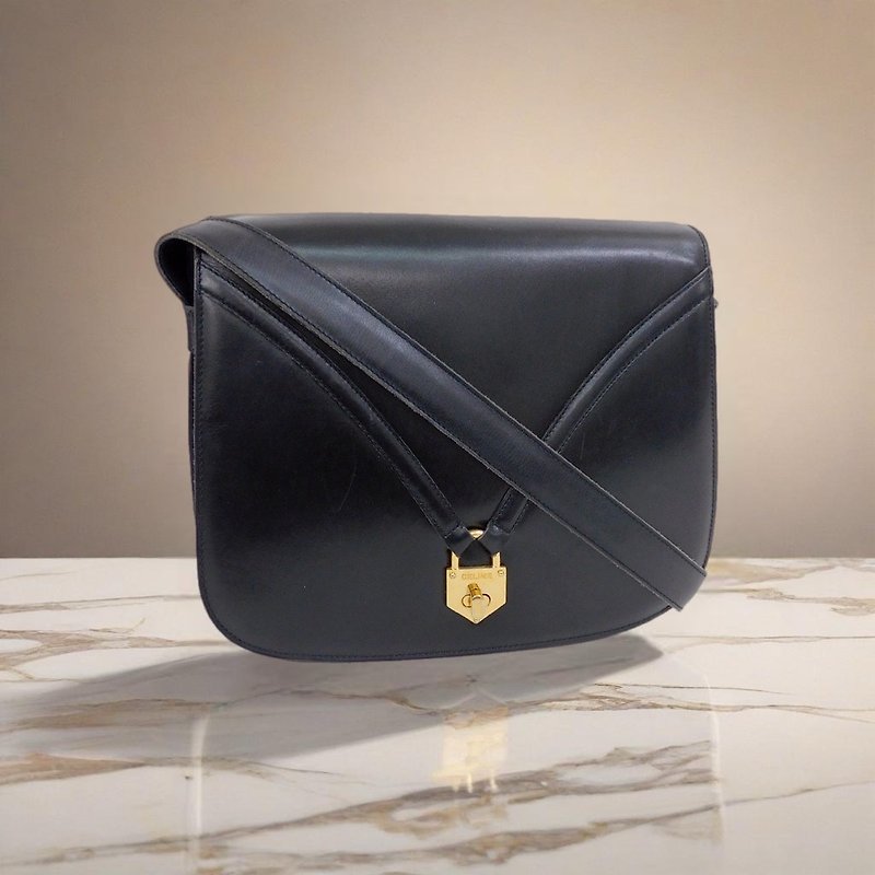 LA LUNE - Rare second-hand Celine black small gold lock leather shoulder crossbody bag - Messenger Bags & Sling Bags - Genuine Leather Black