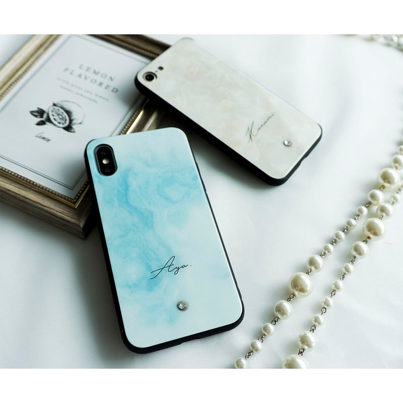 多機種対応 スマホケース ガラス【 大理石風 名入れ 】 ラインストーン iPhone android JI25U - 手機殼/手機套 - 玻璃 藍色