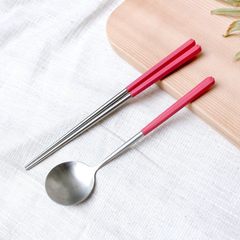 Creative Hexagonal Good Chopsticks Spoon Tableware Set 2 Sets - Qianhong - ตะเกียบ - สแตนเลส สีแดง