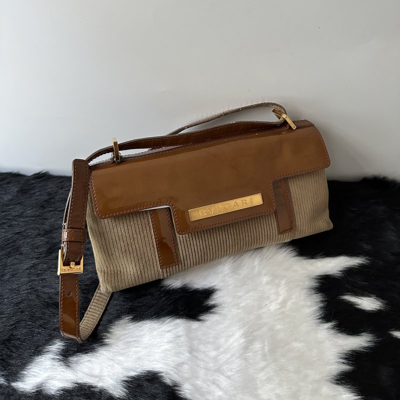BVLGARI Caramel Corduroy & Patent Leather Shoulder Bag - กระเป๋าแมสเซนเจอร์ - ผ้าฝ้าย/ผ้าลินิน สีนำ้ตาล
