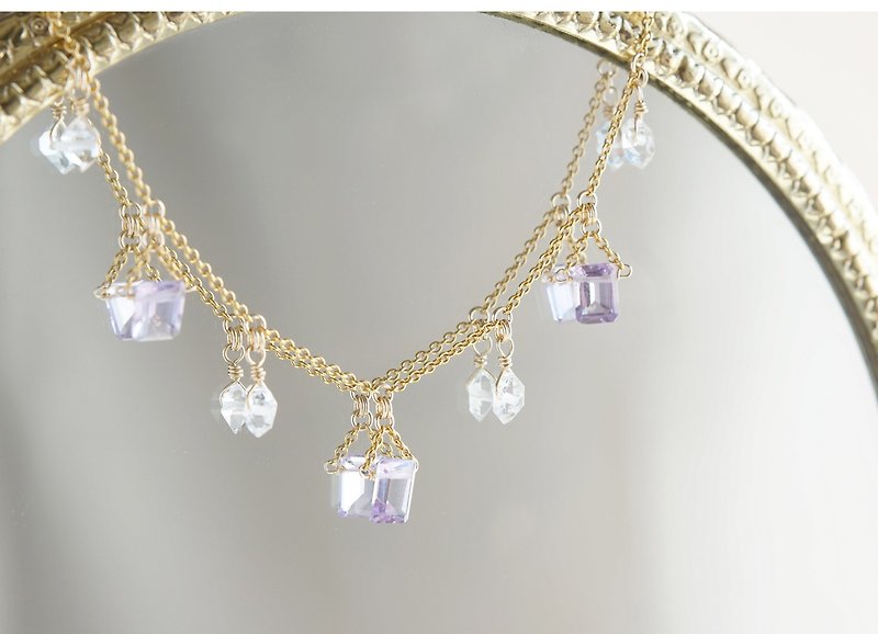 [14K GF Choker Necklace]-Gemstone, Dream Crystal, NY Herkimer diamond x Rose Amethys - สร้อยคอ - เครื่องเพชรพลอย สีม่วง