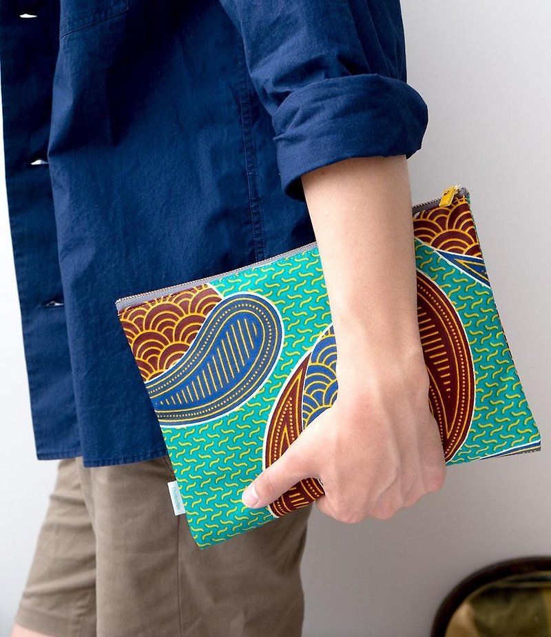 COTTON AFRICAN WAX PRINT POUCH L - ポーチ - コットン・麻 グリーン