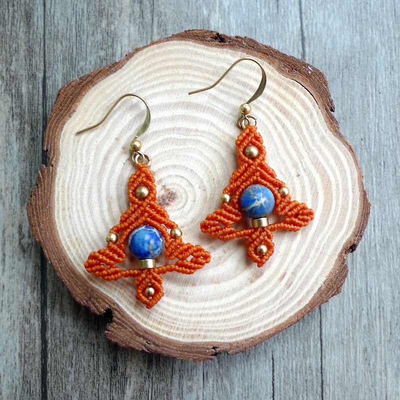 Misssheep-A38 - Ethnic Style South American Waxed Brass Beads Blue Imperial Stone Earrings (Hooks) - ต่างหู - วัสดุอื่นๆ สีส้ม
