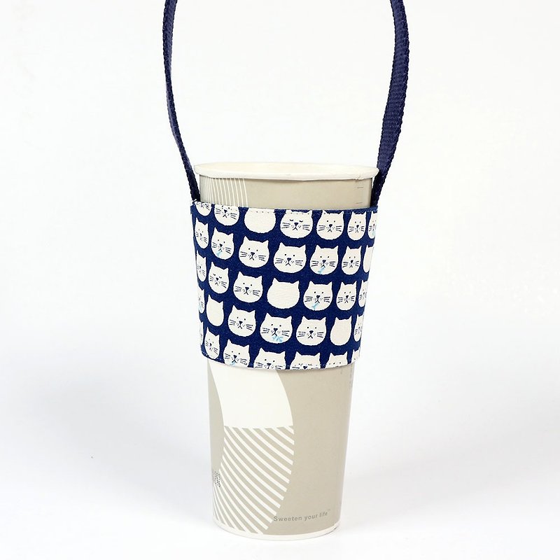 Beverage Cup Holder Eco-friendly Cup Holder Bag-Cat Expression (Blue) - ถุงใส่กระติกนำ้ - ผ้าฝ้าย/ผ้าลินิน สีน้ำเงิน