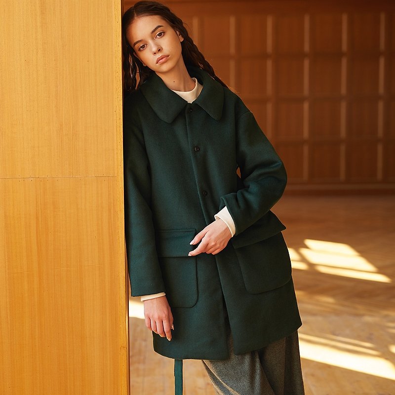 Dark green double wool fleece coat - เสื้อแจ็คเก็ต - ขนแกะ สีเขียว