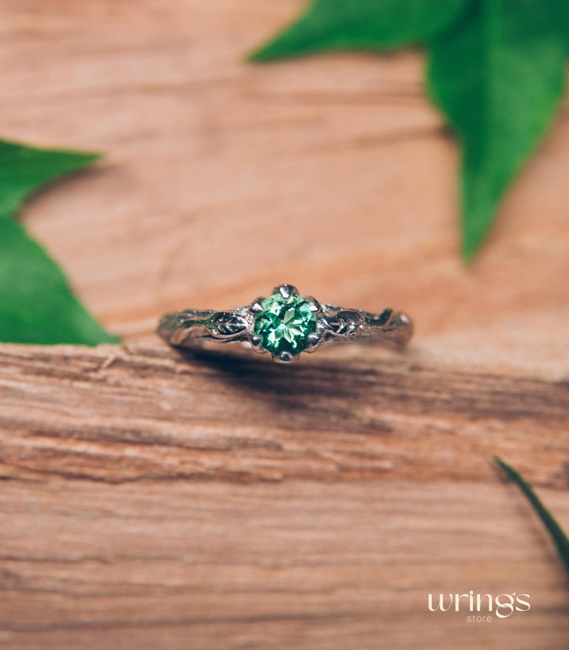 Green Quartz Leaf Engagement Ring Dainty Shiny Silver Tree Branch - แหวนทั่วไป - เงิน 