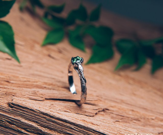 Sterling outlet Silver Branch Engagement Ring with Emerald, Two Stone Ring, Unique Twig Engagement Ring, Green Stone Ring, Twig Ring