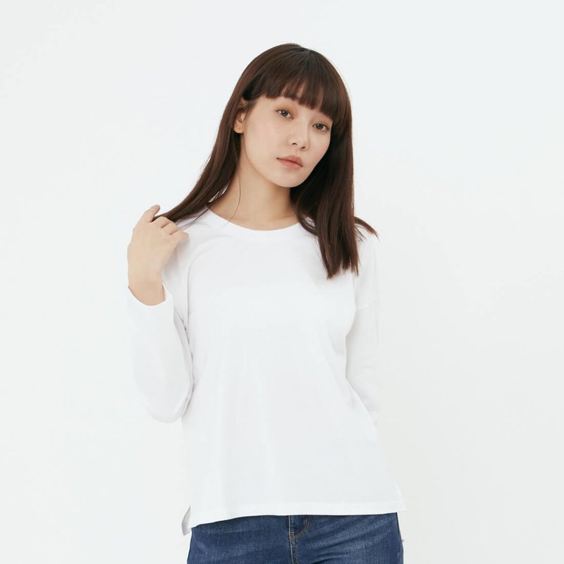 Peach Cotton Drop Shoulder Long Sleeve T-shirt Woman White - เสื้อยืดผู้หญิง - ผ้าฝ้าย/ผ้าลินิน ขาว