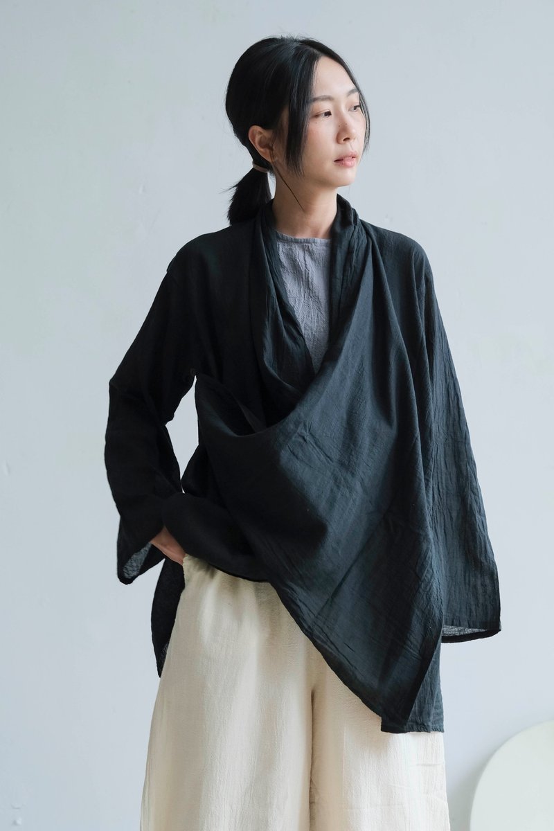 長袖堆領薄罩衫 / 慕斯布 黑 - 女大衣/外套 - 棉．麻 黑色