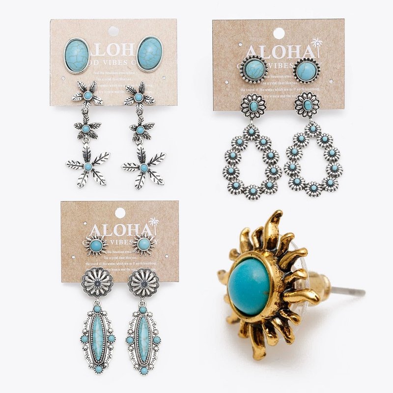 [Popular Pre-order] Stunning 1+1 Distressed Turquoise Stone Earrings Set (3 Styles and 2 Colors) 46CZ4225-7 - ต่างหู - วัสดุอื่นๆ 