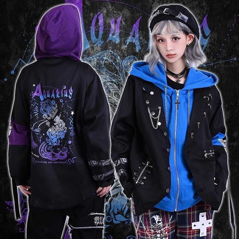 Visual tattoo punk galaxy elixir Aquarius layered look hooded jacket JJ2471 - เสื้อโค้ทผู้ชาย - เส้นใยสังเคราะห์ 
